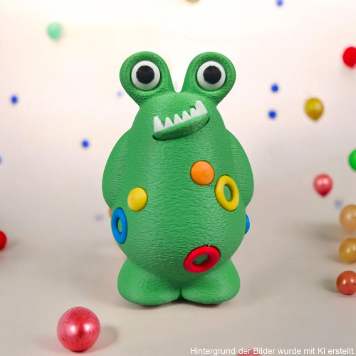 3D-Druck Mutmachmonster „Hugo“ mit großen Augen und bunten Punkten, freundliche Figur als Geschenkidee